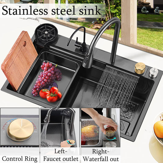 SINK Stainless Steel Waterfall Kitchen Sink | Undermount Countertop Installation | Brushed Chrome Finish | Rectangular Single Bowl | 4-Way Water Output | 750×460×220mm