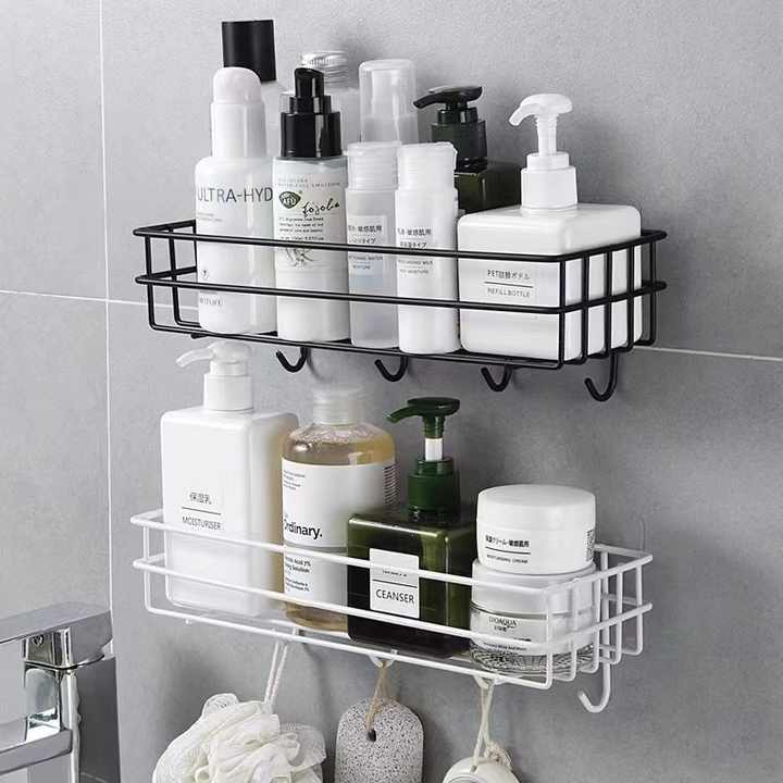 Self-Adhesive Metal Wall Shelf with Hooks | No-Drill Organizer Rack for Bathroom, Kitchen, Bedroom & Office (Black, 27.5 cm Wide)