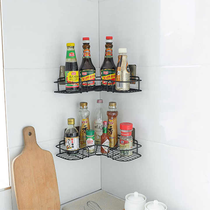 Self-Adhesive L-Shaped Corner Shelf | Metal Wall-Mount Rack for Bathroom, Kitchen, Office & Living Room (23 cm, Black)
