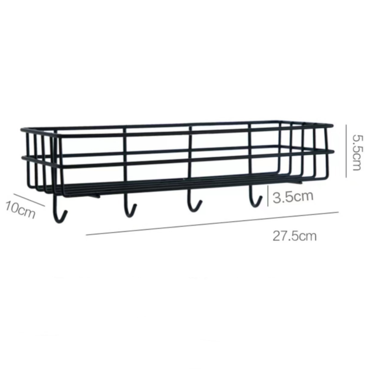 Self-Adhesive Metal Wall Shelf with Hooks | No-Drill Organizer Rack for Bathroom, Kitchen, Bedroom & Office (Black, 27.5 cm Wide)