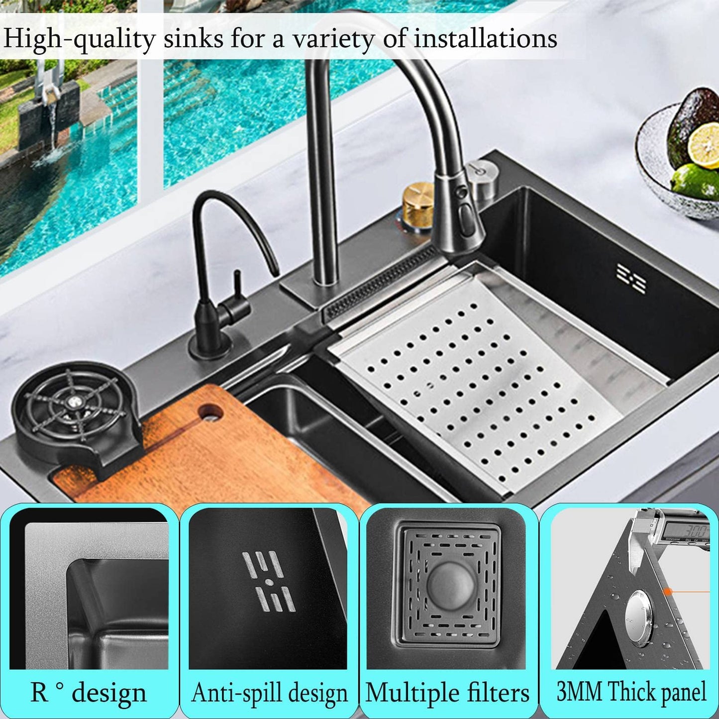 SINK Stainless Steel Waterfall Kitchen Sink | Undermount Countertop Installation | Brushed Chrome Finish | Rectangular Single Bowl | 4-Way Water Output | 750×460×220mm