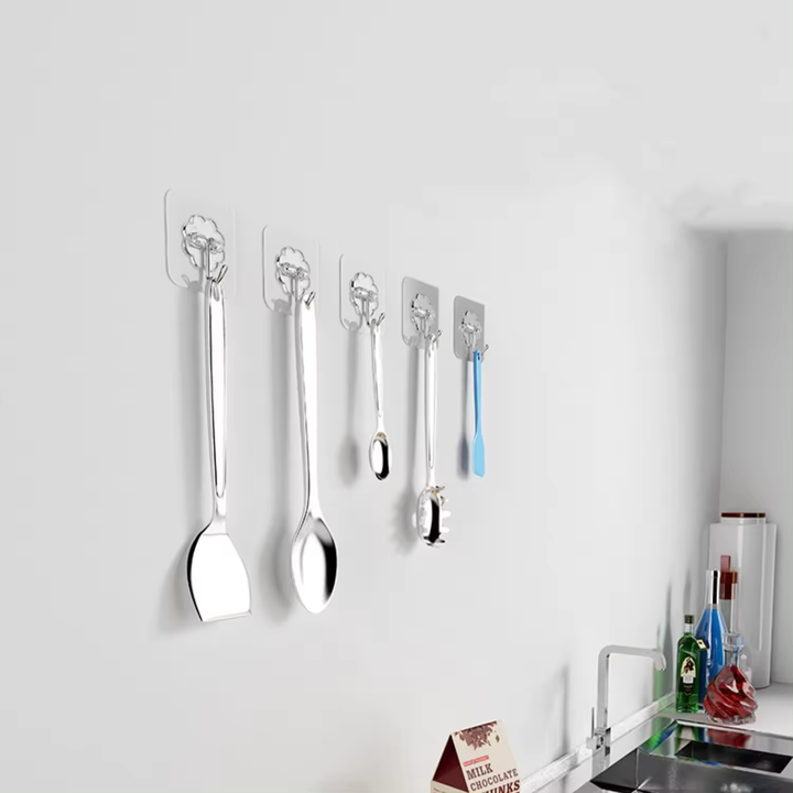 ACQUASO Transparent Self-Adhesive Flower Hook | Heavy-Duty Wall Hanger | No Drill Plastic Hook for Kitchen, Bathroom, Office & More | Holds up to 10 kg | Pack of 10