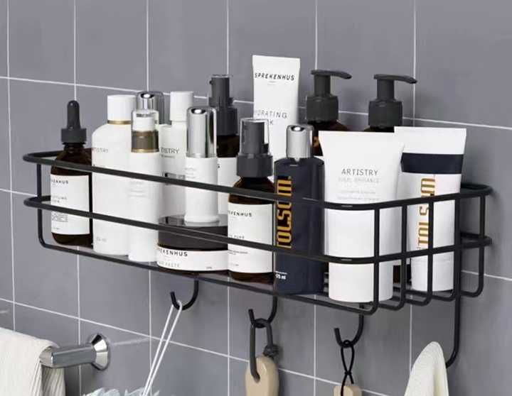 Self-Adhesive Metal Wall Shelf with Hooks | No-Drill Organizer Rack for Bathroom, Kitchen, Bedroom & Office (Black, 27.5 cm Wide)