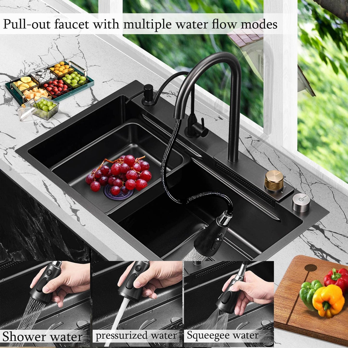SINK Stainless Steel Waterfall Kitchen Sink | Undermount Countertop Installation | Brushed Chrome Finish | Rectangular Single Bowl | 4-Way Water Output | 750×460×220mm
