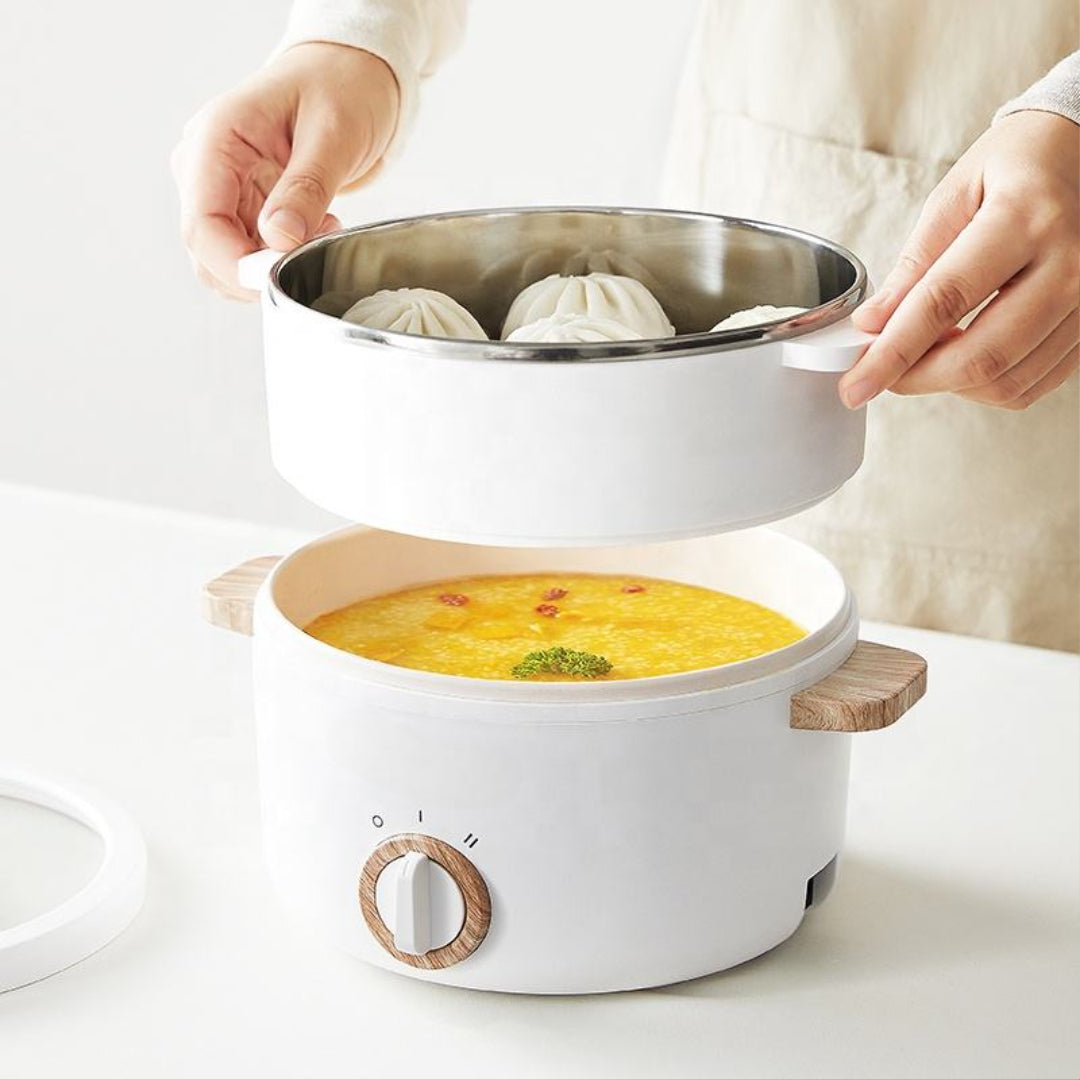 CURA PLUS Multipurpose Electric Cooker | 1.5L Non-Stick Skillet Pot with Steamer | 600W | Auto Thermostat & Temperature Control | Stainless Steel Body | Ceramic Coating | Tempered Glass Lid | Ideal for Noodles, Frying, Boiling | fulfilled by Acquaso