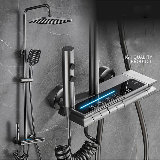 ACQUASO A1 Brass Thermostatic Shower Set with Slide Bar | Rectangle Rain Head | Wall Mounted Shower System | Brushed Finish | Single Handle Mixer | 1-Year Warranty