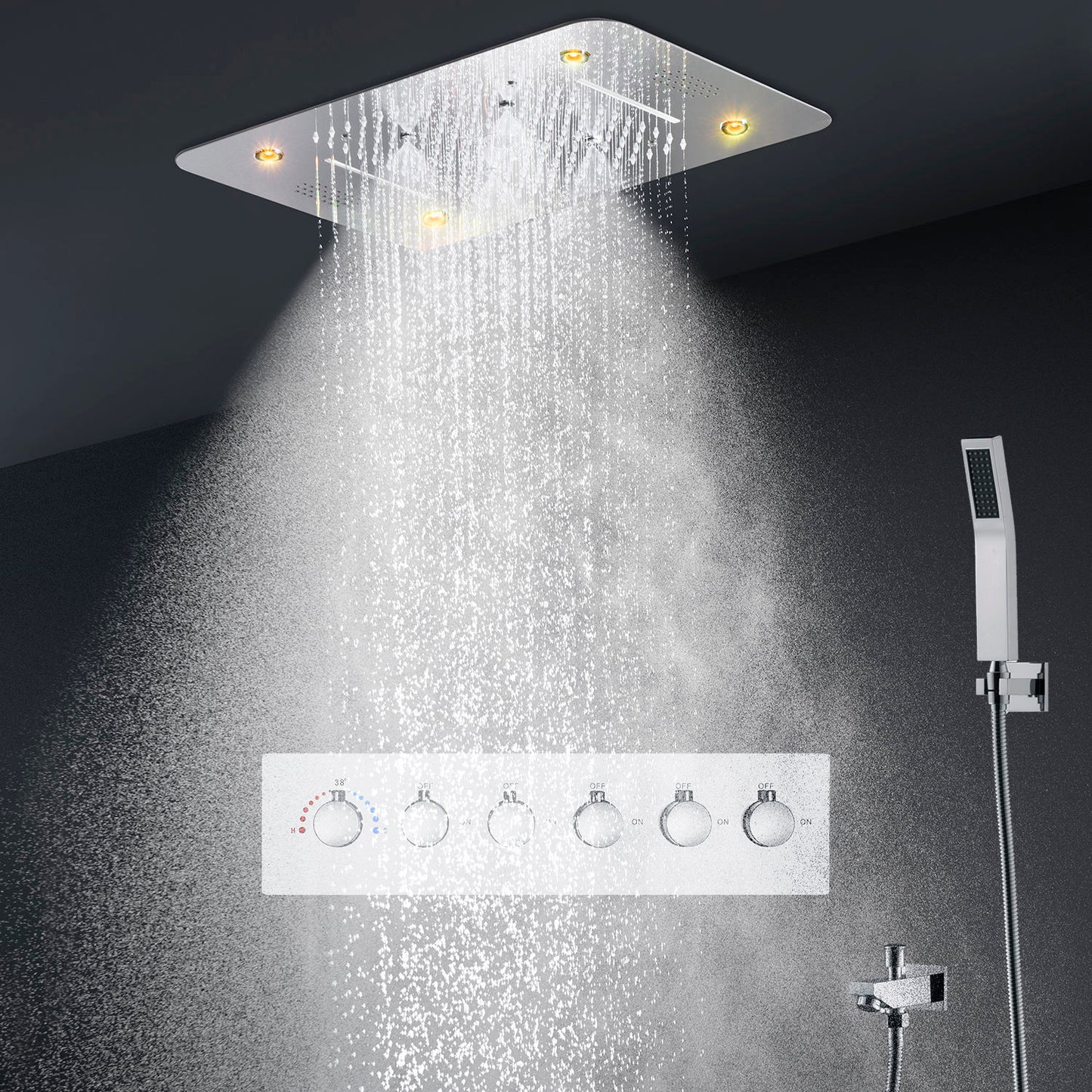 ACQUASO DUDHSAGAR Luxury Thermostatic Shower System LED Shower System โ 580x380mm SUS304 Stainless Steel Ceiling-Mounted Shower Panel | Rainfall, Waterfall, Spray, Water Column, Hand Shower