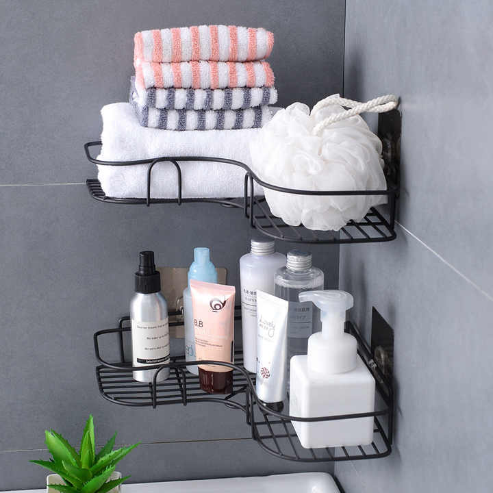 Self-Adhesive L-Shaped Corner Shelf | Metal Wall-Mount Rack for Bathroom, Kitchen, Office & Living Room (23 cm, Black)