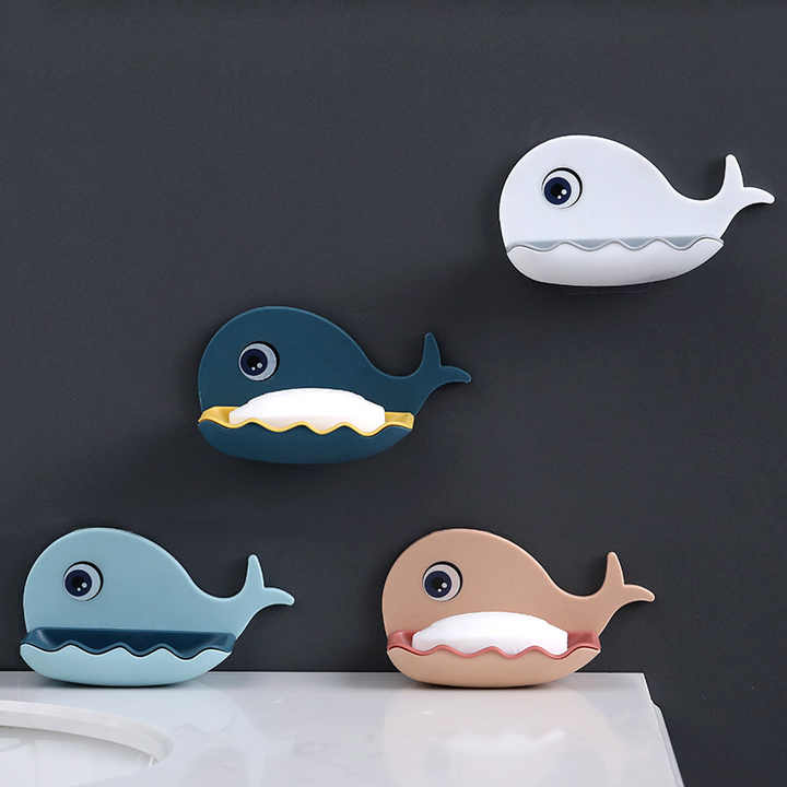 Fish-Shaped Soap Dish with Double Layer Drain Tray | No-Drill Adhesive Soap Holder for Bathroom & Kitchen | Plastic, Blue | Pack of 2
