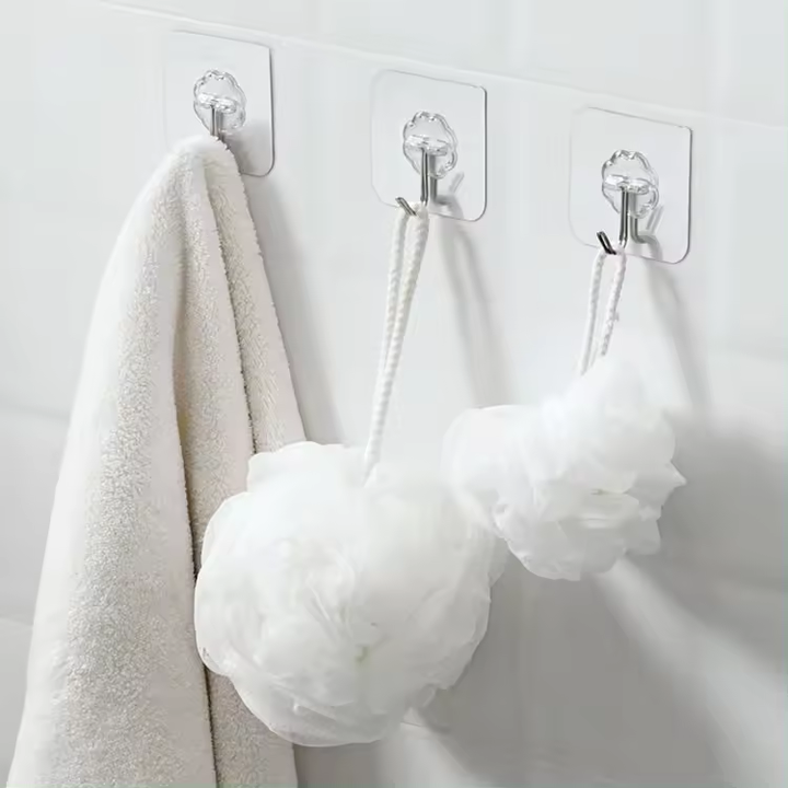 ACQUASO Transparent Self-Adhesive Flower Hook | Heavy-Duty Wall Hanger | No Drill Plastic Hook for Kitchen, Bathroom, Office & More | Holds up to 10 kg | Pack of 10