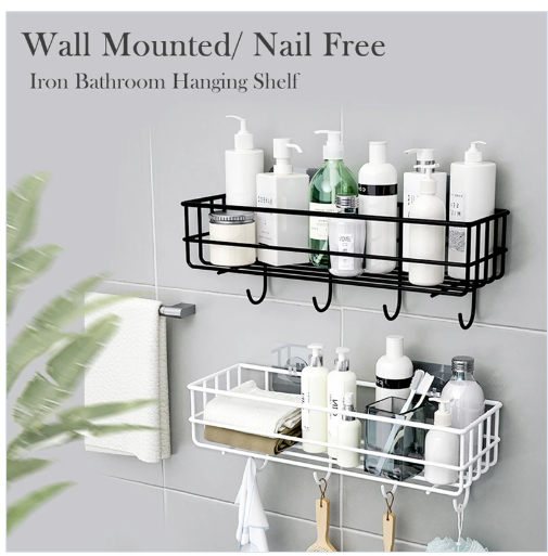 Self-Adhesive Metal Wall Shelf with Hooks | No-Drill Organizer Rack for Bathroom, Kitchen, Bedroom & Office (Black, 27.5 cm Wide)