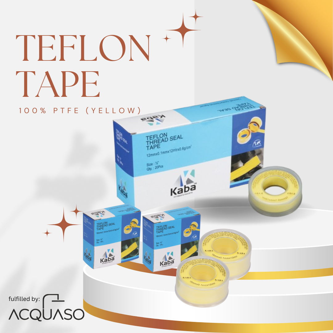 KABA Yellow PTFE Teflon Tape for Plumbing | 12mm x 10m | Leak-Proof Thread Sealant for Gas, Water & Air Pipes | High-Density Thread Tape with Protective Cover | Pack of 10