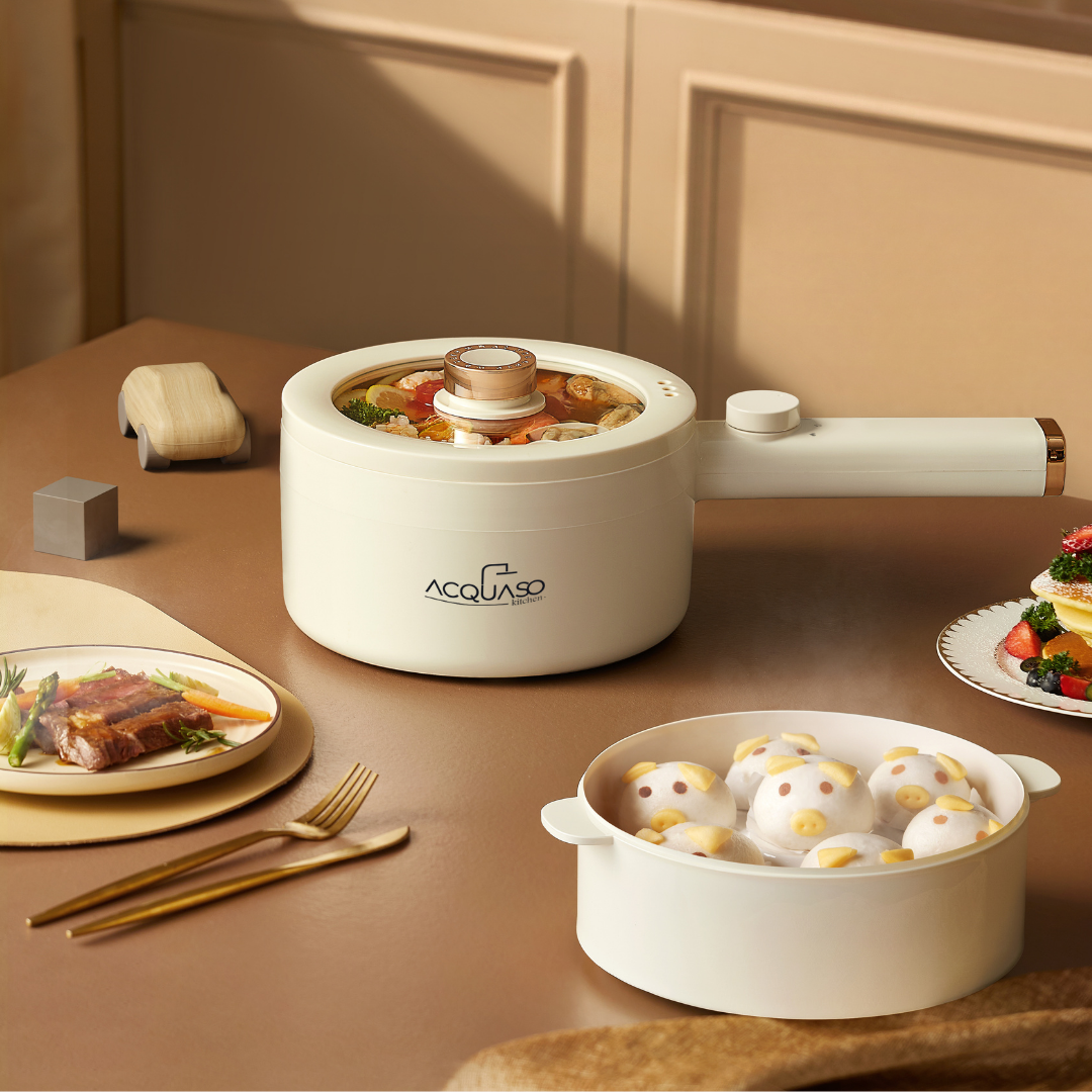 CURA PRO Multipurpose Electric Cooker | 1.8L Non-Stick Pot | 600W Fast Heating | Tempered Glass Lid | Stir Fry, Boil, Steam, Roast | Compact Ramen & Hot Pot Cooker | Fulfilled by Acquaso