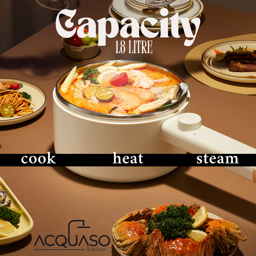 CURA PRO Multipurpose Electric Cooker | 1.8L Non-Stick Pot | 600W Fast Heating | Tempered Glass Lid | Stir Fry, Boil, Steam, Roast | Compact Ramen & Hot Pot Cooker | Fulfilled by Acquaso