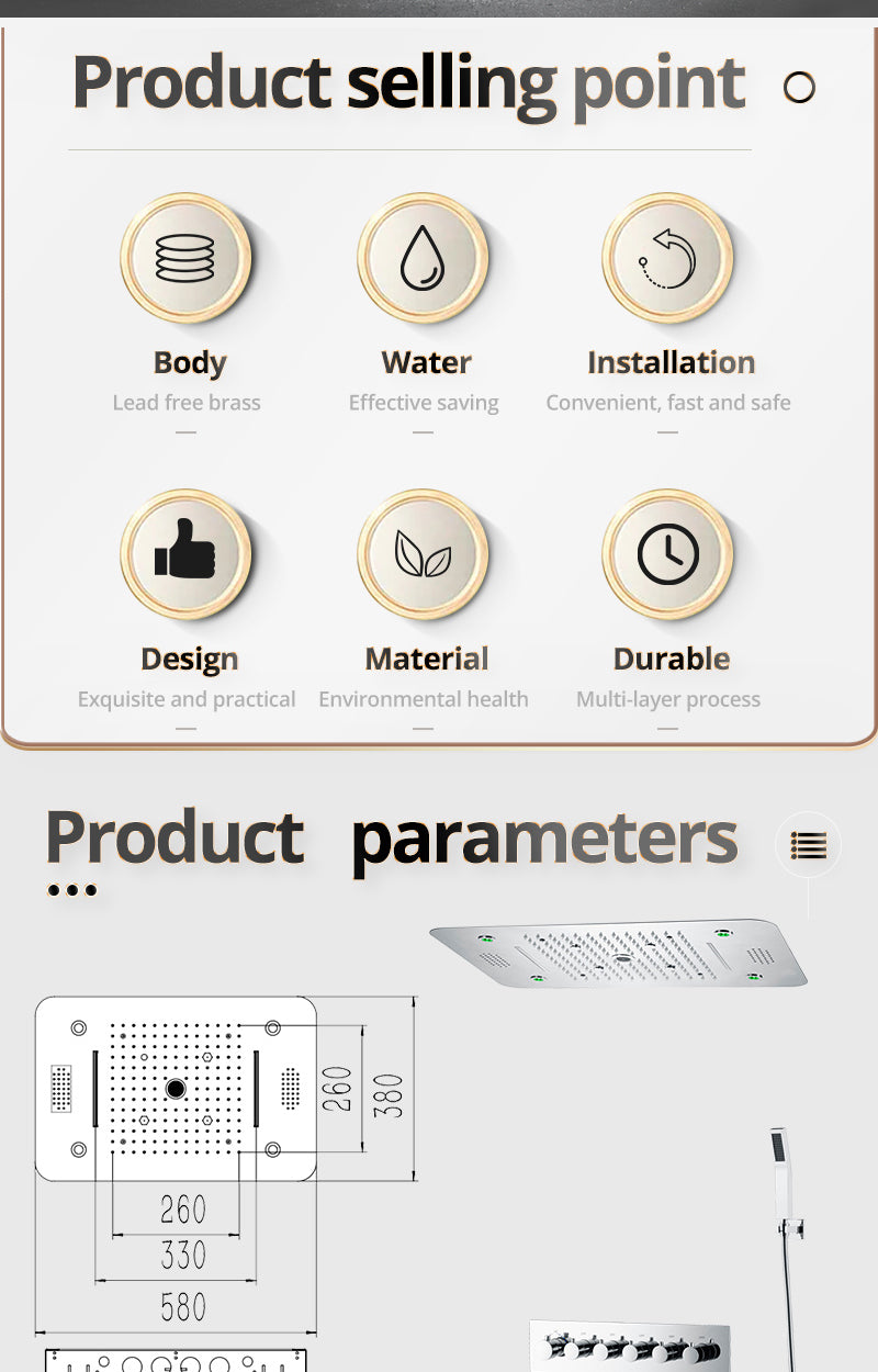 ACQUASO DUDHSAGAR Luxury Thermostatic Shower System LED Shower System – 580x380mm SUS304 Stainless Steel Ceiling-Mounted Shower Panel | Rainfall, Waterfall, Spray, Water Column, Hand Shower