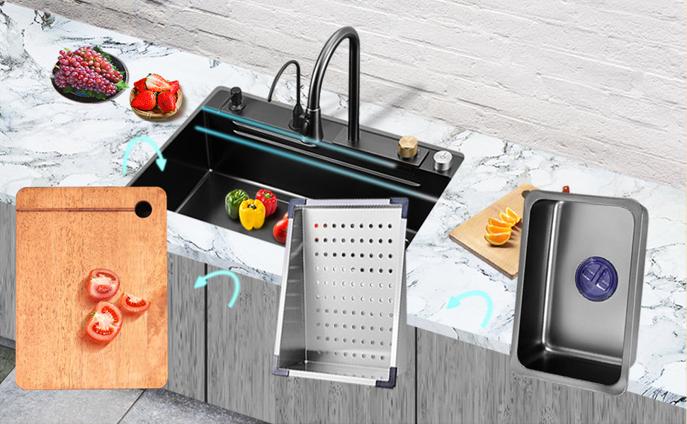 SINK Stainless Steel Waterfall Kitchen Sink | Undermount Countertop Installation | Brushed Chrome Finish | Rectangular Single Bowl | 4-Way Water Output | 750×460×220mm