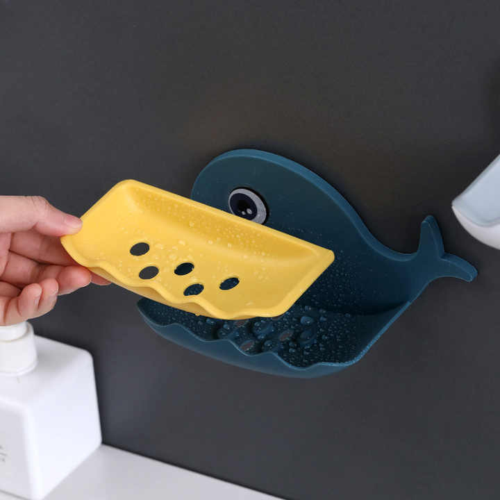 Fish-Shaped Soap Dish with Double Layer Drain Tray | No-Drill Adhesive Soap Holder for Bathroom & Kitchen | Plastic, Blue | Pack of 2