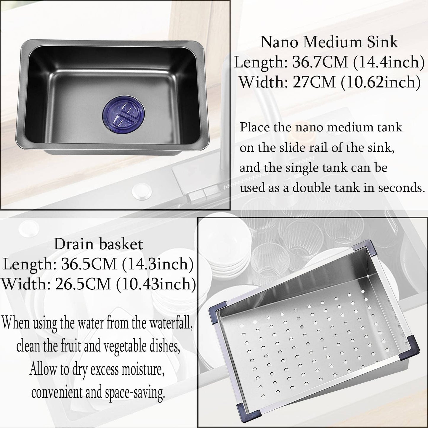 SINK Stainless Steel Waterfall Kitchen Sink | Undermount Countertop Installation | Brushed Chrome Finish | Rectangular Single Bowl | 4-Way Water Output | 750×460×220mm