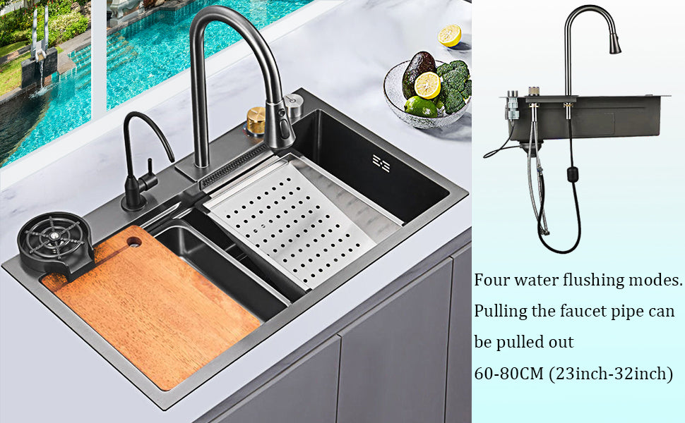 SINK Stainless Steel Waterfall Kitchen Sink | Undermount Countertop Installation | Brushed Chrome Finish | Rectangular Single Bowl | 4-Way Water Output | 750×460×220mm