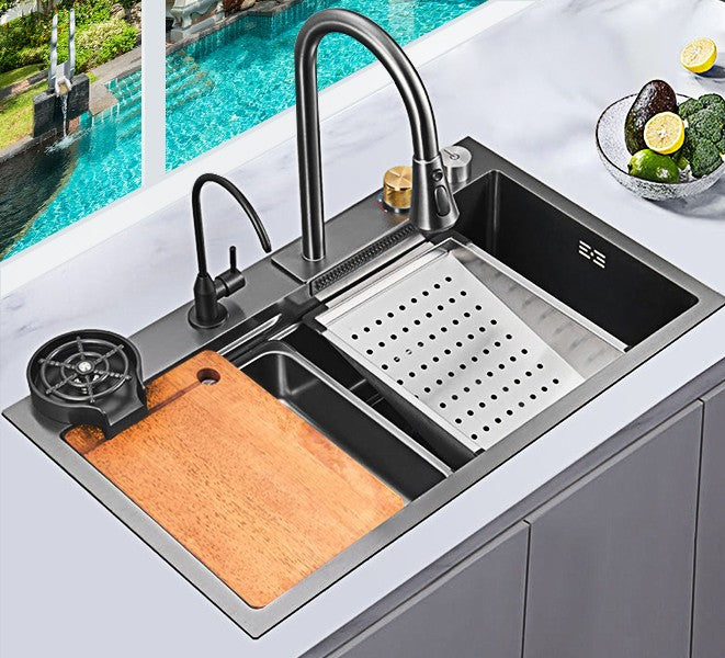 SINK Stainless Steel Waterfall Kitchen Sink | Undermount Countertop Installation | Brushed Chrome Finish | Rectangular Single Bowl | 4-Way Water Output | 750×460×220mm