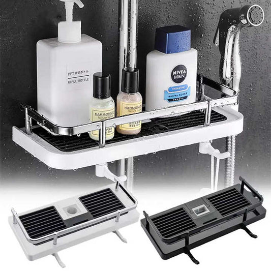 Plastic Punch-Free Shower Organizer Rack for Bathroom & Kitchen – Wall Mounted Storage with Adjustable Shelves and Drainage Design