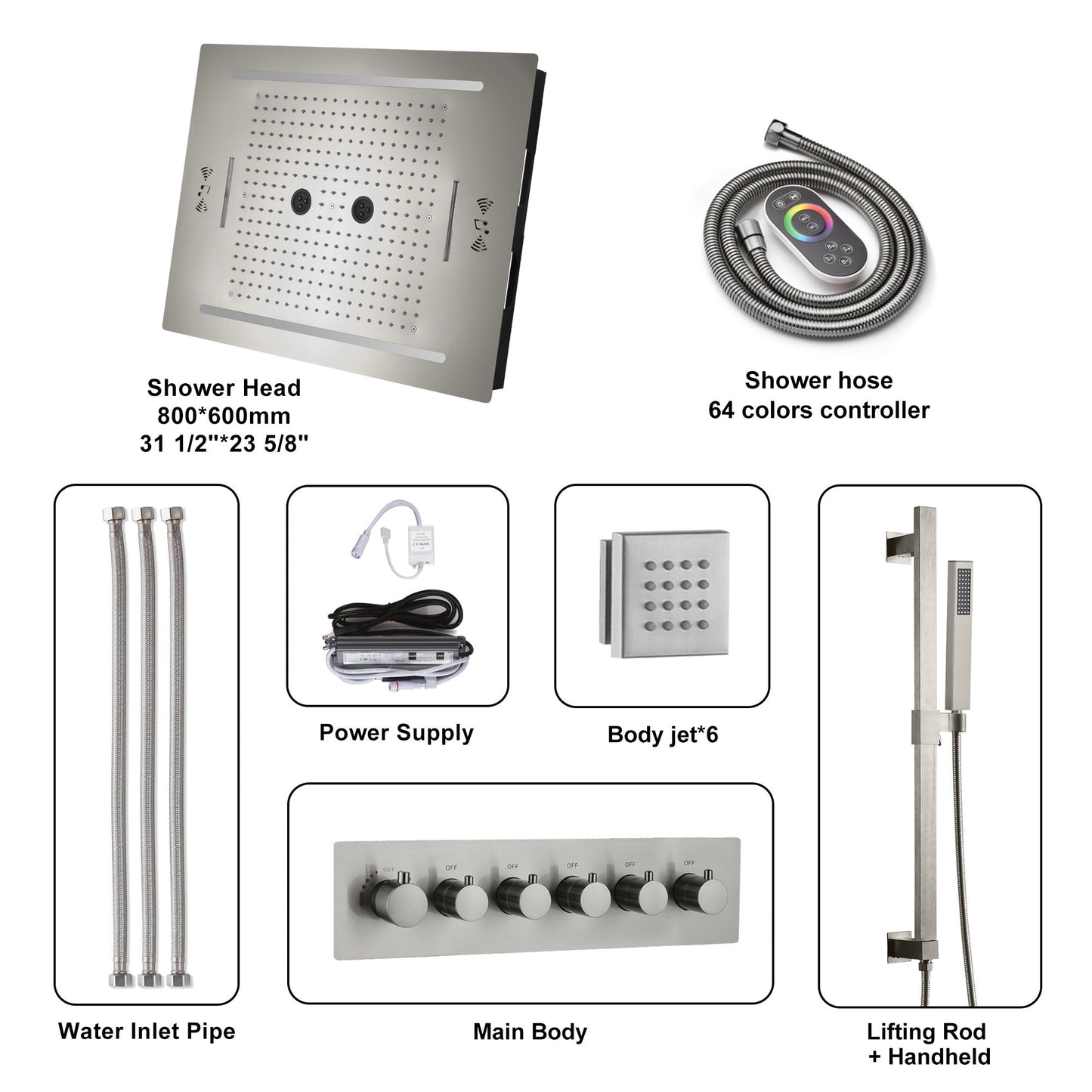 ACQUASO FALLS Luxury Thermostatic Shower System | Wall-Mounted | Brass Body | Nickel Brushed Finish | Rainfall, Massage, Waterfall, Jet Spray