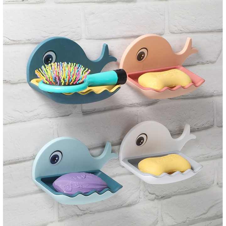 Fish-Shaped Soap Dish with Double Layer Drain Tray | No-Drill Adhesive Soap Holder for Bathroom & Kitchen | Plastic, Blue | Pack of 2