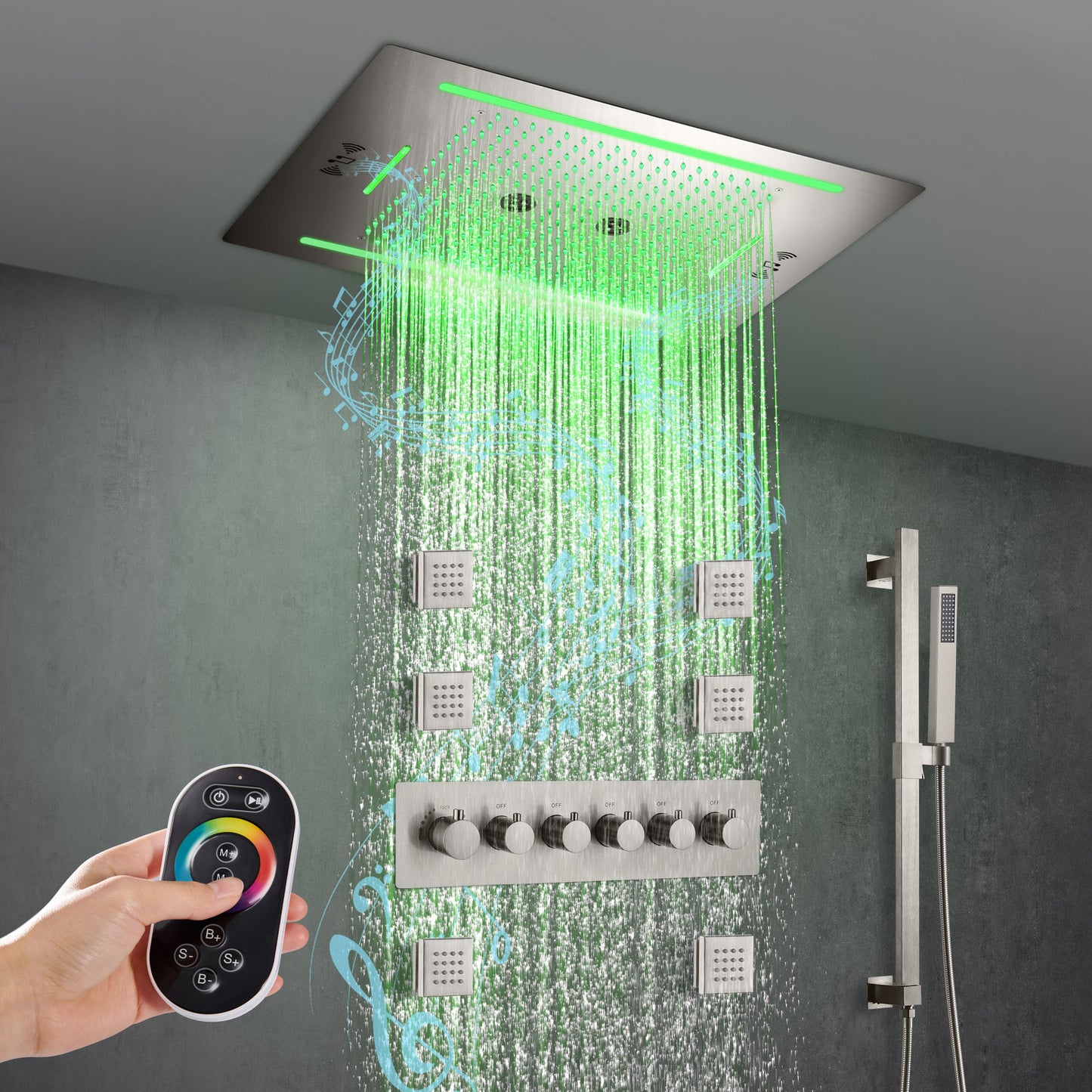 ACQUASO FALLS Luxury Thermostatic Shower System | Wall-Mounted | Brass Body | Nickel Brushed Finish | Rainfall, Massage, Waterfall, Jet Spray