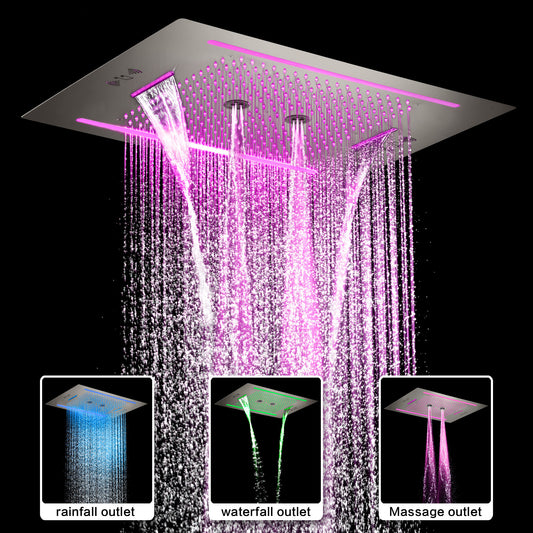 ACQUASO FALLS Luxury Thermostatic Shower System | Wall-Mounted | Brass Body | Nickel Brushed Finish | Rainfall, Massage, Waterfall, Jet Spray