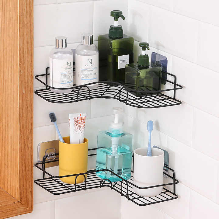 Self-Adhesive L-Shaped Corner Shelf | Metal Wall-Mount Rack for Bathroom, Kitchen, Office & Living Room (23 cm, Black)