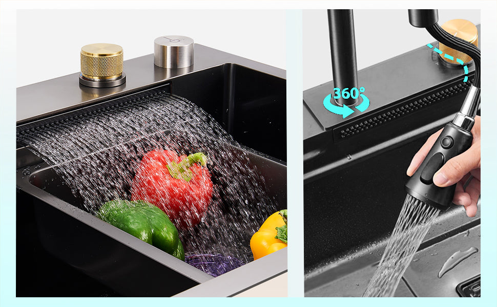 SINK Stainless Steel Waterfall Kitchen Sink | Undermount Countertop Installation | Brushed Chrome Finish | Rectangular Single Bowl | 4-Way Water Output | 750×460×220mm