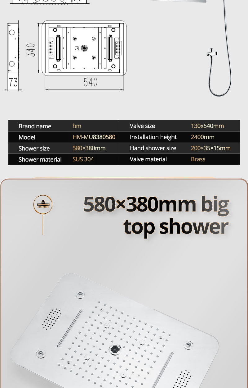 ACQUASO DUDHSAGAR Luxury Thermostatic Shower System LED Shower System – 580x380mm SUS304 Stainless Steel Ceiling-Mounted Shower Panel | Rainfall, Waterfall, Spray, Water Column, Hand Shower
