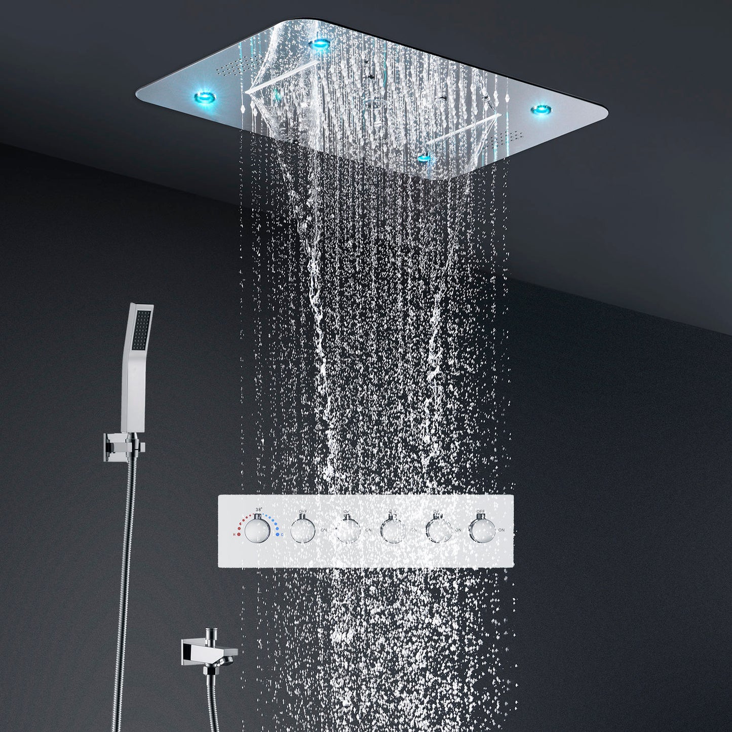 ACQUASO DUDHSAGAR Luxury Thermostatic Shower System LED Shower System – 580x380mm SUS304 Stainless Steel Ceiling-Mounted Shower Panel | Rainfall, Waterfall, Spray, Water Column, Hand Shower