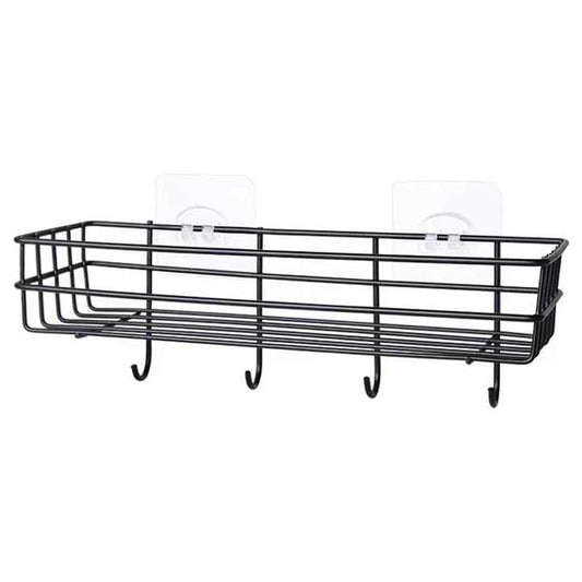 Self-Adhesive Metal Wall Shelf with Hooks | No-Drill Organizer Rack for Bathroom, Kitchen, Bedroom & Office (Black, 27.5 cm Wide)