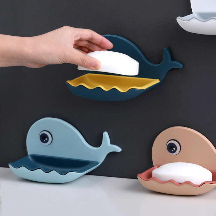 Fish-Shaped Soap Dish with Double Layer Drain Tray | No-Drill Adhesive Soap Holder for Bathroom & Kitchen | Plastic, Blue | Pack of 2