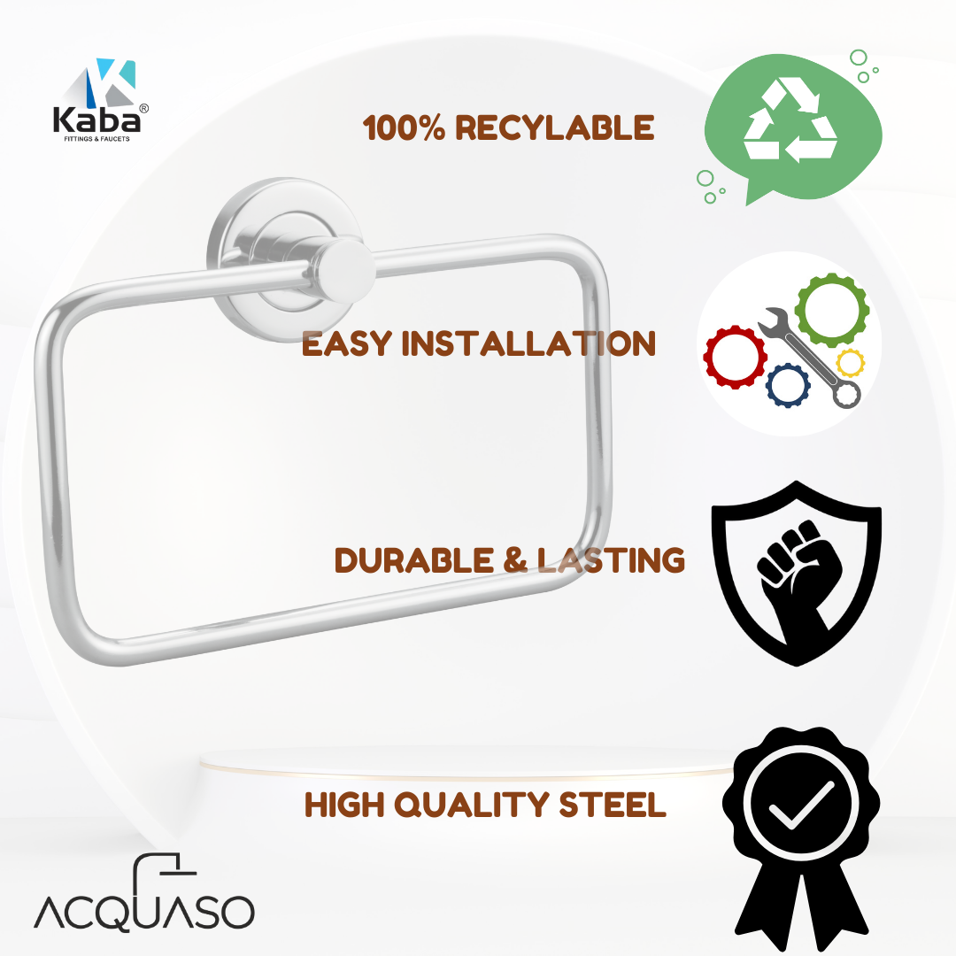 AQUA Stainless Steel Square Towel Ring | Wall Mounted Bathroom Napkin Holder | Chrome Finish | Anti-Rust & Corrosion Resistant